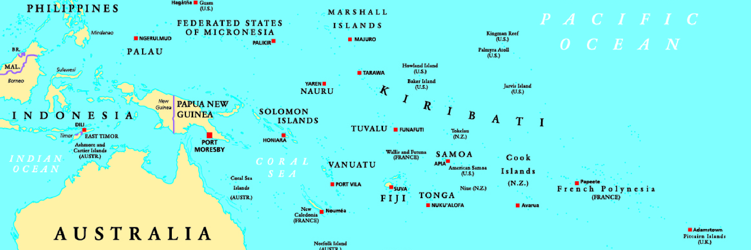 Oceania political map. Region, centered on central Pacific Ocean islands with Australia